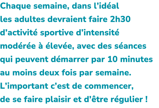 Chaque semaine, dans l’id al les adultes devraient faire 2h30 d’activit sportive d’intensit  mod r e    lev e, avec ...