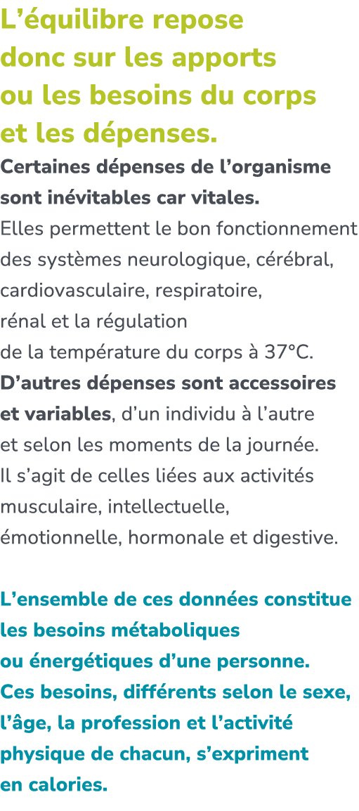 L’ quilibre repose donc sur les apports ou les besoins du corps et les d penses. Certaines d penses de l’organisme so...