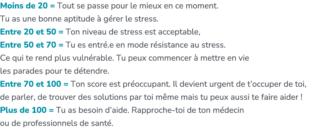Moins de 20 = Tout se passe pour le mieux en ce moment. Tu as une bonne aptitude  g rer le stress. Entre 20 et 50 = ...
