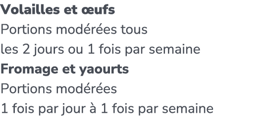 Volailles et ufs Portions mod r es tous les 2 jours ou 1 fois par semaine Fromage et yaourts Portions mod r es 1 foi...
