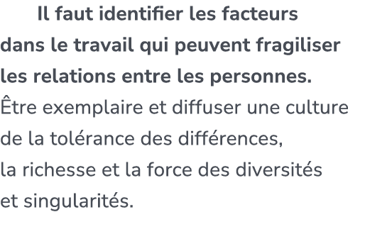  Il faut identifier les facteurs dans le travail qui peuvent fragiliser les relations entre les personnes. tre exemp...