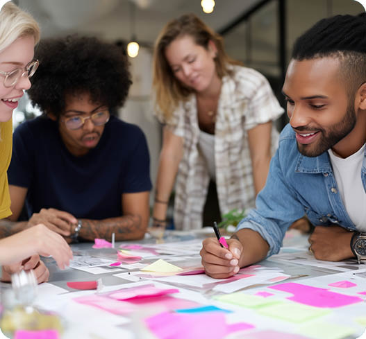 A group of four individuals engage in a brainstorming session, surrounded by colorful sticky notes and documents. They actively share ideas in a contemporary office setting, filled with natural light.