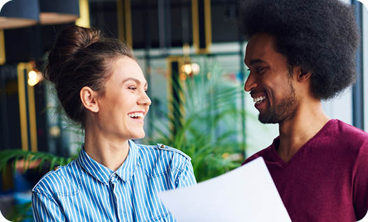 Happy coworkers making decision on the move 