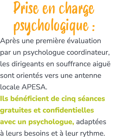 Prise en charge psychologique : Apr s une premi re valuation par un psychologue coordinateur, les dirigeants en souf...