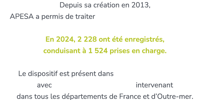 Depuis sa cr ation en 2013, APESA a permis de traiter plus de 15 000 fiches alerte. En 2024, 2 228 ont t  enregistr ...